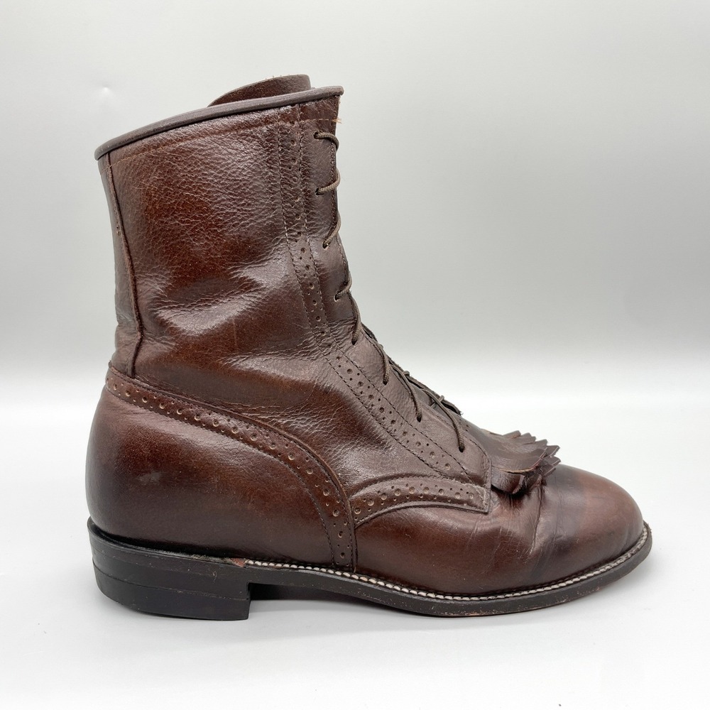 Justin Mens 8.5 Kiltie Western Boots Brown Leather Packer Wingtip Brogue VTG USA